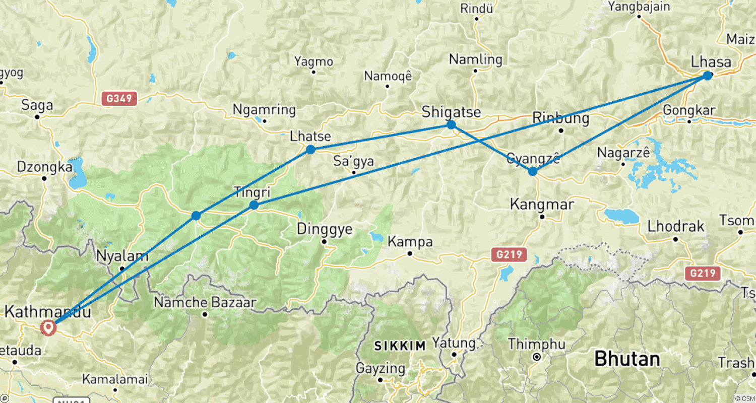 Mapa do percurso de Tour de Carro de Ida e Volta - Kathmandu - Lhasa - Kathmandu
