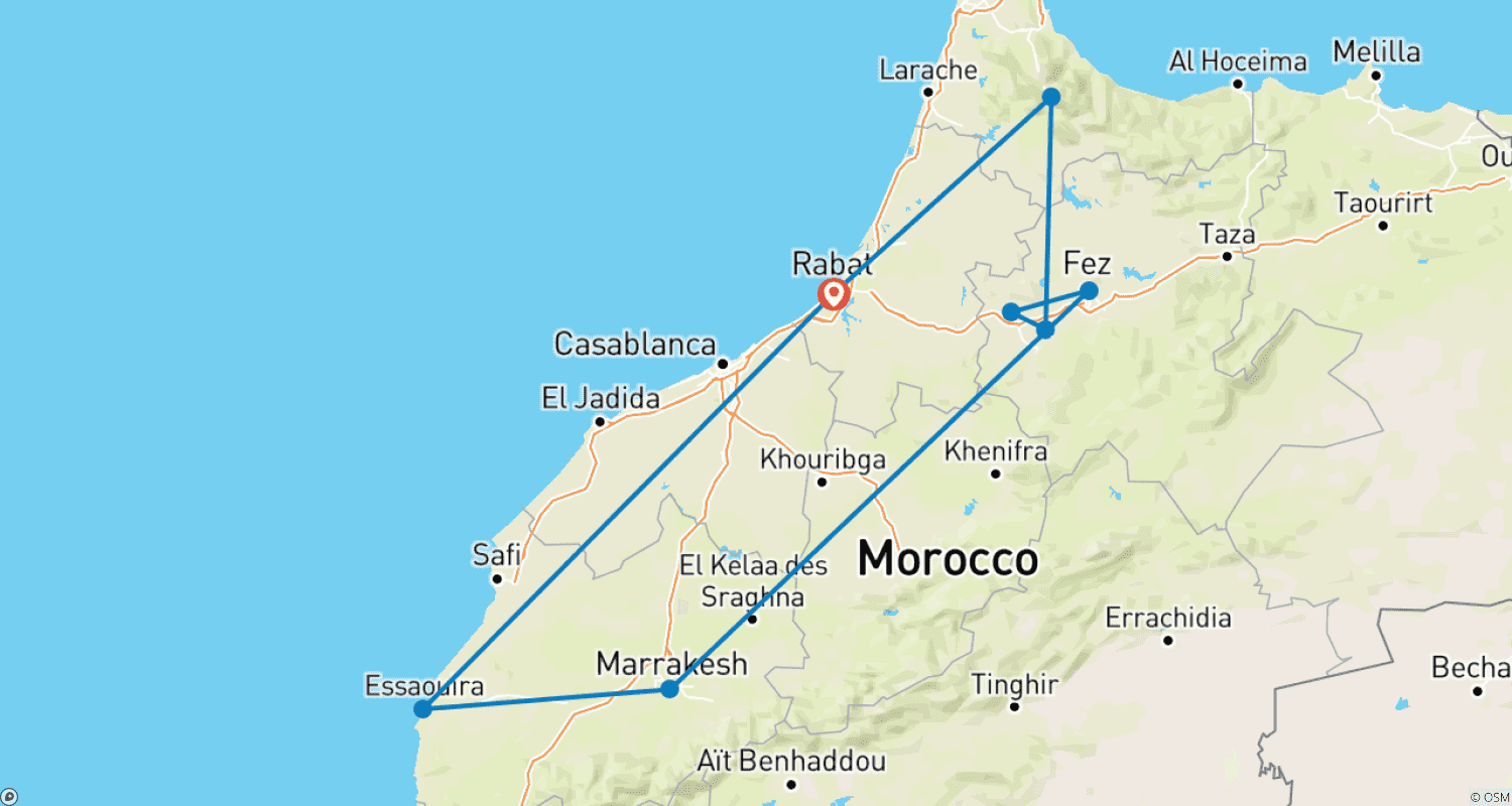 خريطة مسار جولة المغرب الكبرى لمدة 9 أيام من الرباط: المدن الإمبراطورية، شفشاون والساحل الأطلسي