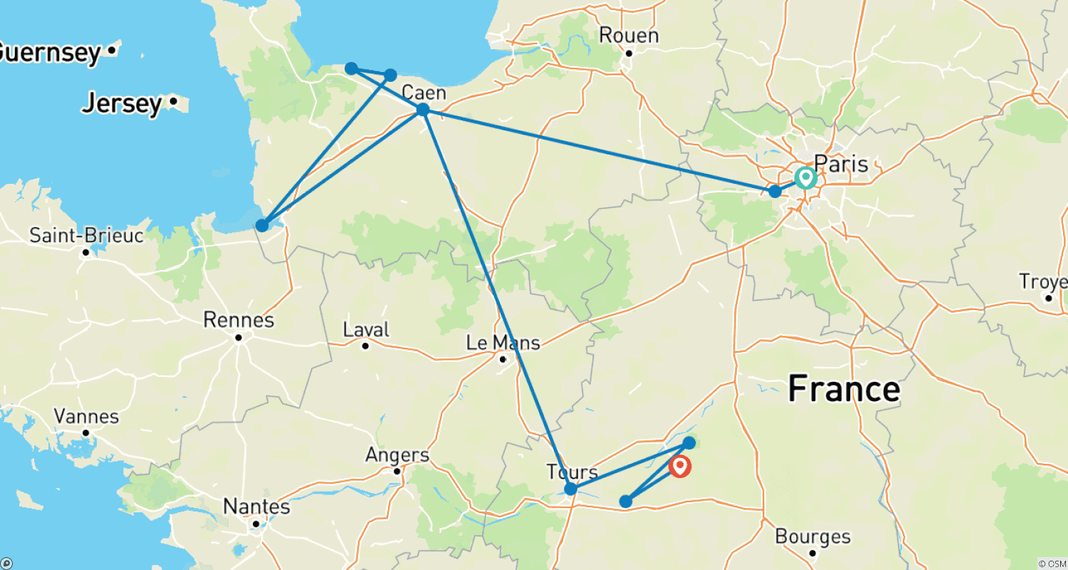 Mapa do percurso de Excursão Privada Personalizada pela França para Paris, Normandia e Vale do Loire, Partida Diária