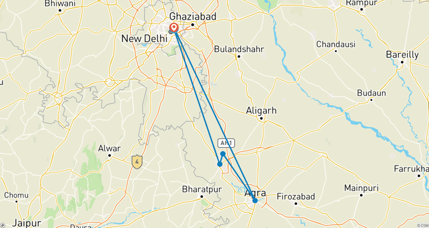 Mapa trasy: Wycieczka do Delhi, Agry, Mathury i Vrindavanu