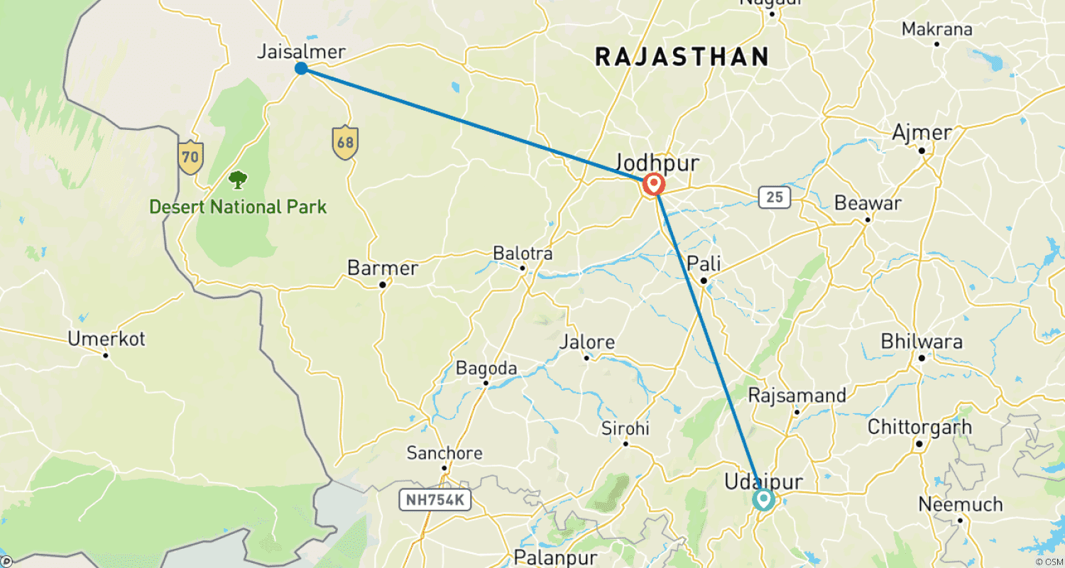 Mapa do percurso de Udaipur, Jodhpur e Jaisalmer no Rajastão (Um Tour Econômico)!!