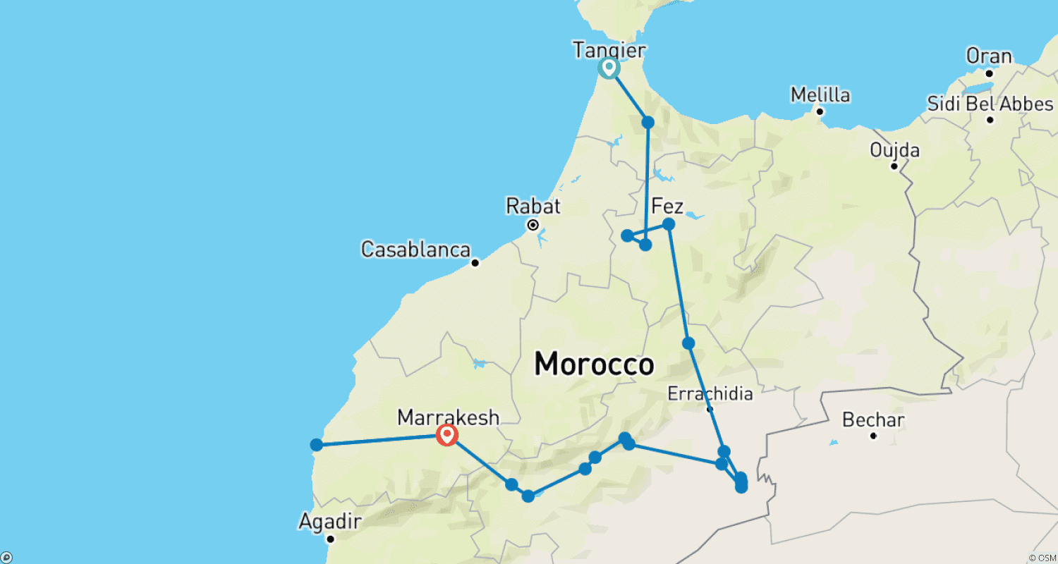 خريطة مسار جولة في المغرب لمدة 10 أيام من طنجة إلى مراكش والصويرة | الصحراء وجبال الأطلس والمدن الإمبراطورية