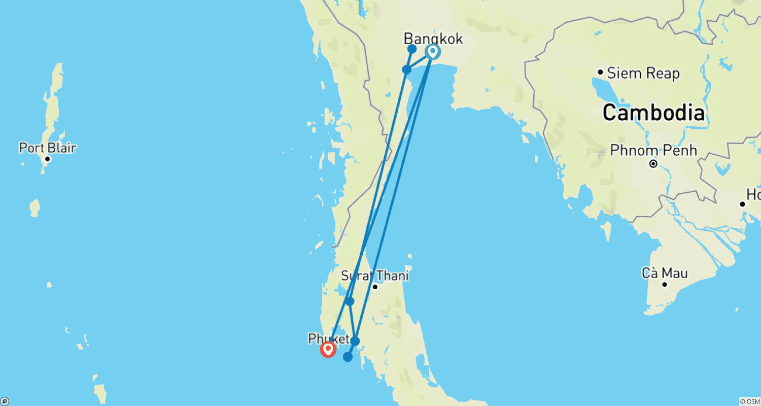 Backpacking Thailand: Island Paradise (14 days)のルートマップ