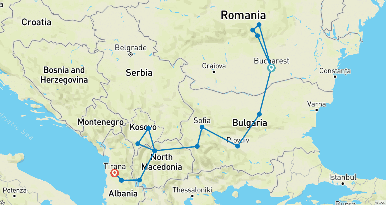 Mapa trasy: Rumunia, Bułgaria, Północna Macedonia i Albania – 12 dni – WYCIECZKA PRYWATNA