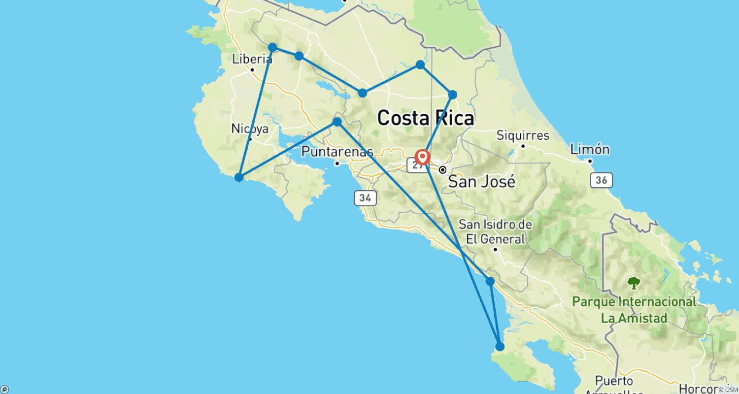 Mapa do percurso de Costa Rica Completa