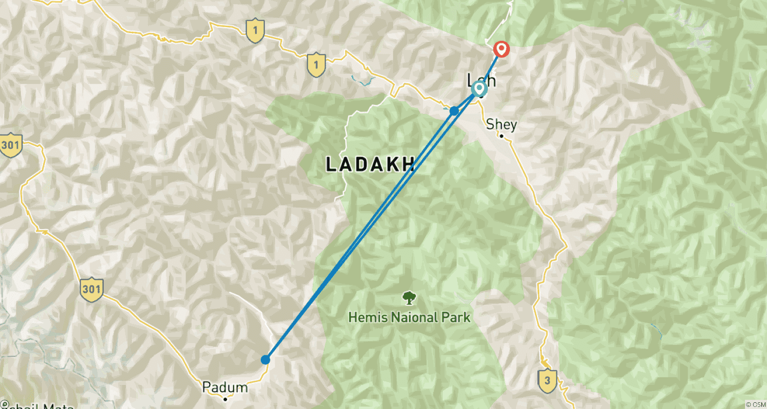 خريطة مسار رحلة قصيرة إلى Ladakh