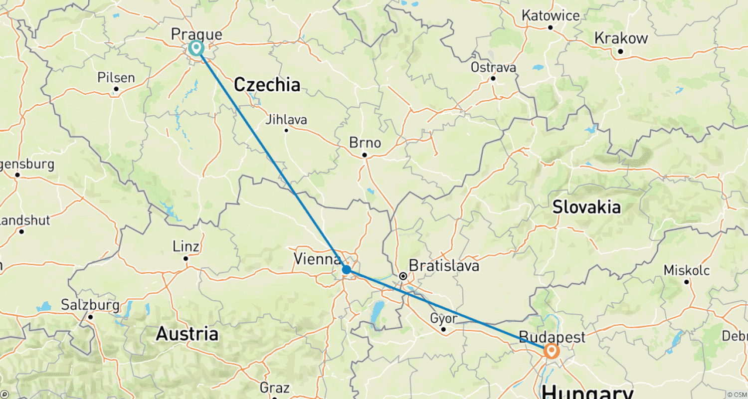 Mapa do percurso de 1 Semana de Gastronomia e História: Praga, Viena e Budapeste