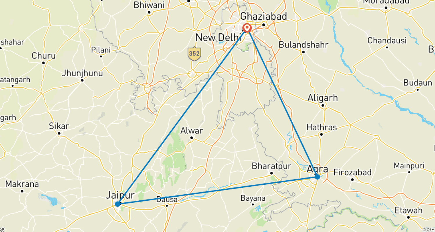 Mapa do percurso de Excursão Privada de 3 Dias pelo Triângulo Dourado: Delhi, Agra e Jaipur - sem hotéis