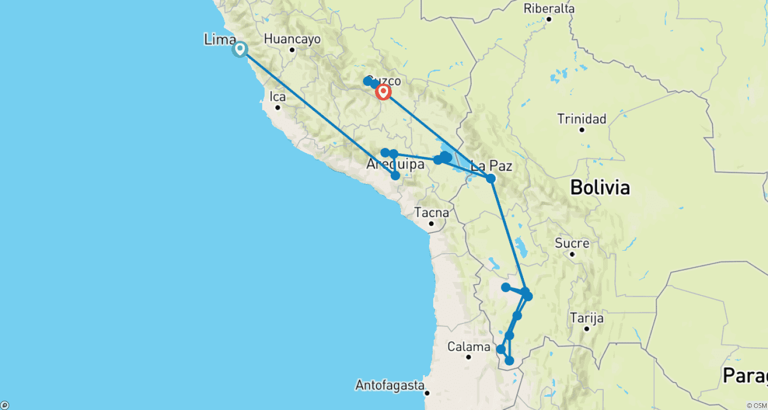 Mapa do percurso de Destaques do Peru e Bolívia em um Relance