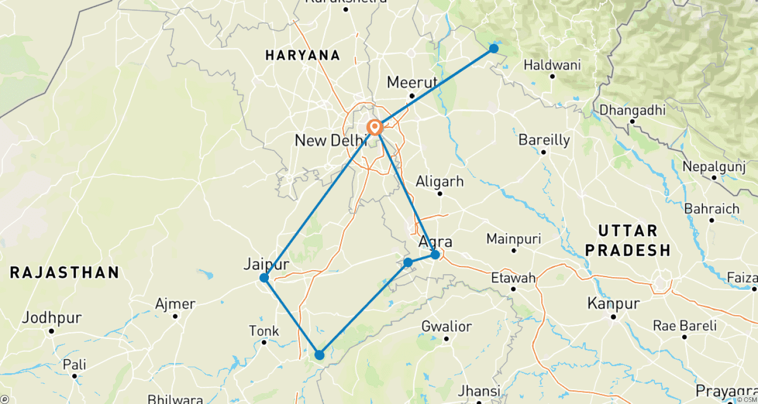 خريطة مسار Golden Triangle with Ranthambore and Jim Corbett National Park