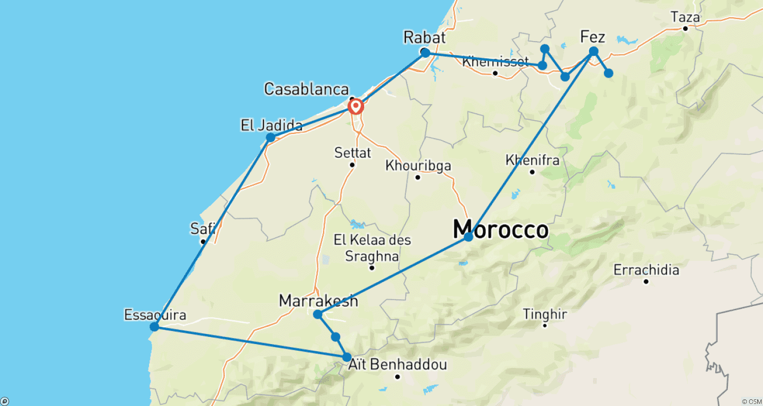 Mapa trasy: Odkryj Maroko: Miasta Cesarskie i Pustynia Sahara – 12 Dni