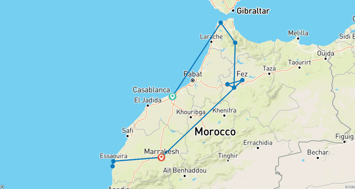 Morocco Highlights: Imperial Cities & Sahara Desert – 12 Daysのルートマップ