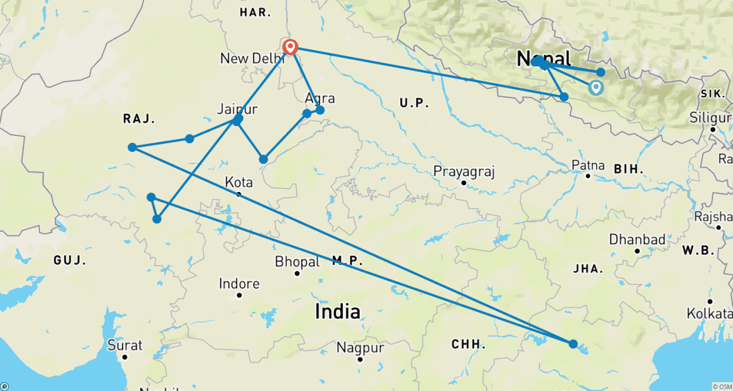 Mapa do percurso de Incrível Nepal e Índia (Hotéis 4 Estrelas)