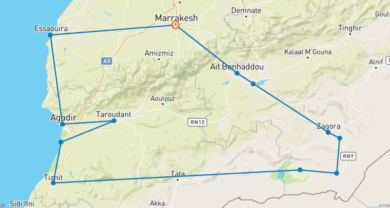 Mapa do percurso de Morocco Coast to Sahara: Atlantic Coast & Desert – 12 Days
