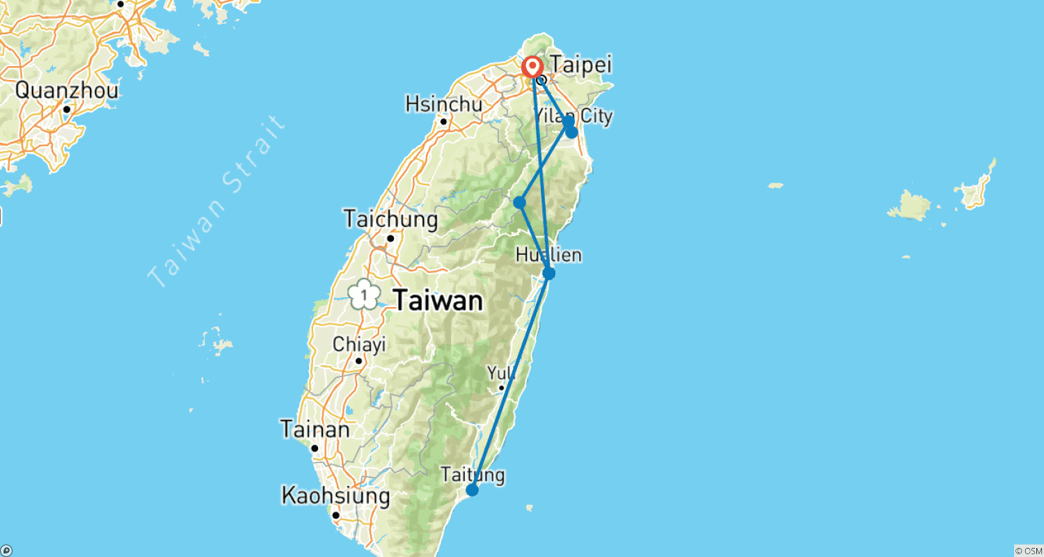 Mapa trasy: Prywatna 4-dniowa wycieczka po Wschodnim Tajwanie (Yilan, Hualien, Taitung)