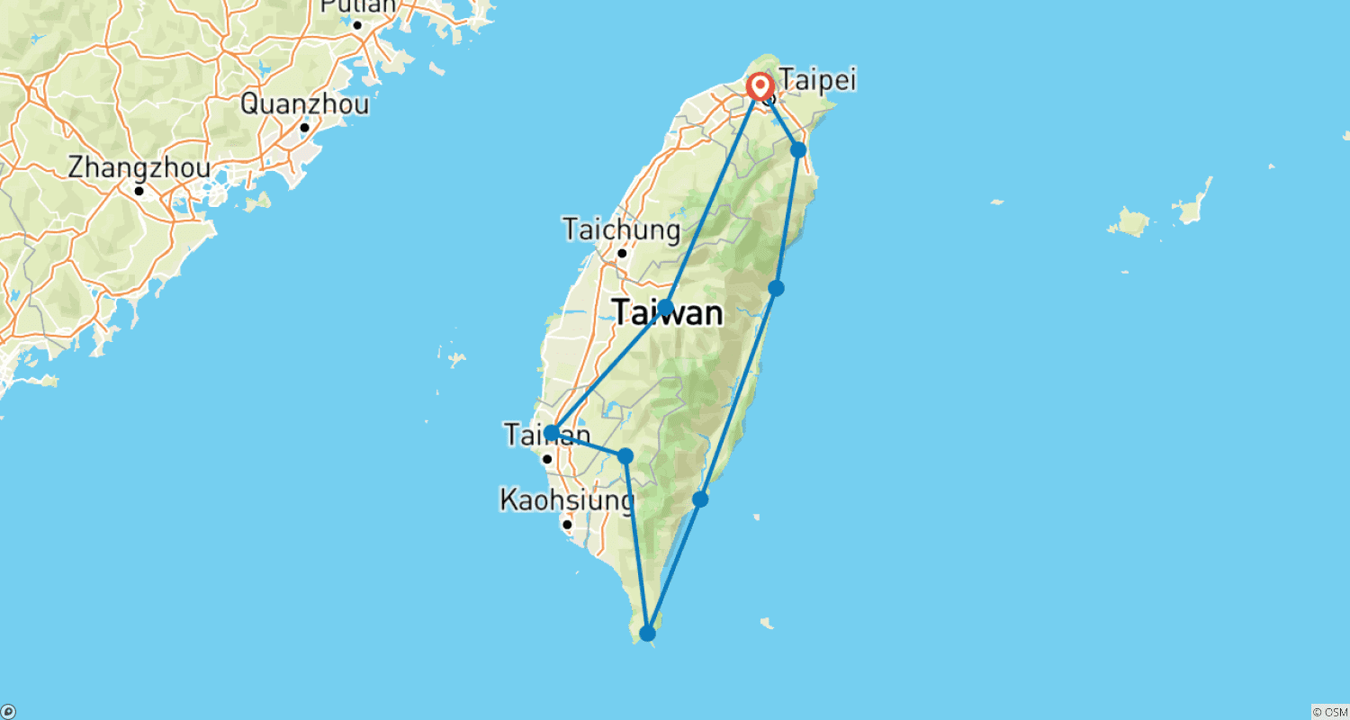 Mapa trasy: 8-dniowa wycieczka dookoła Tajwanu z hotelem standardowym w Tajpej: Atrakcje Tajpej, Jezioro Słońca i Księżyca, Tainan, Kenting, Hualien (Przyjazd w sobotę)