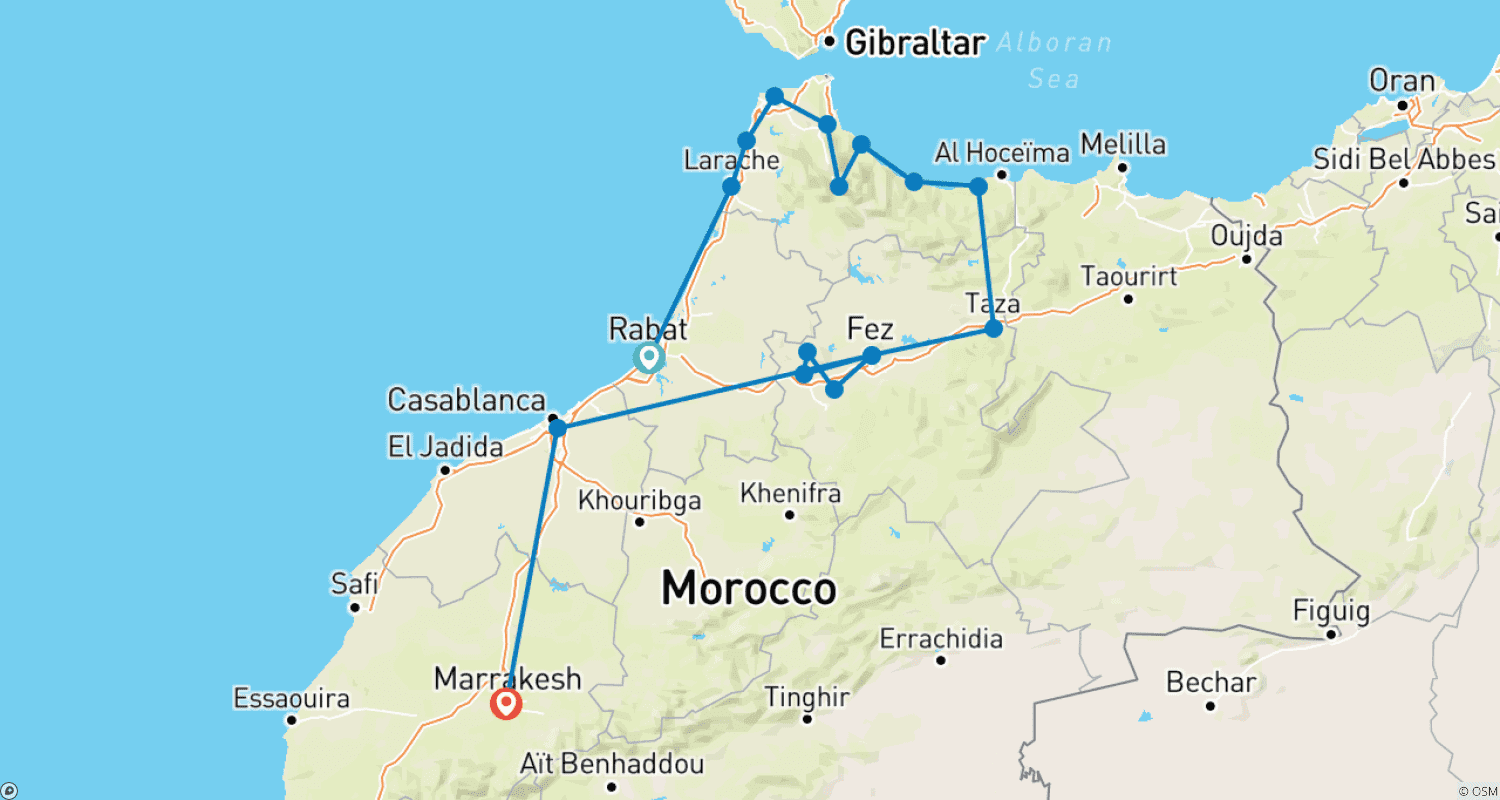 Mapa do percurso de Morocco Highlights: Mediterranean Coast, Imperial Cities & Sahara – 15 Days