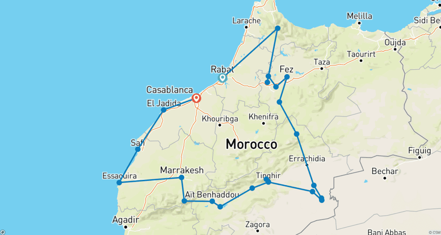 خريطة مسار Luxury Morocco Highlights: Imperial Cities & Sahara Desert – 15 Days