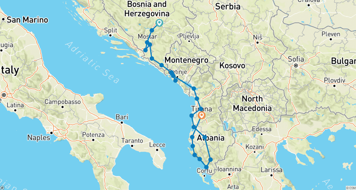 Mapa trasy: Całoroczna 12-dniowa wyprawa odkrywcza Bośnia + Czarnogóra + Albania z Sarajewa. Odkryj Bałkany z dala od utartych szlaków.