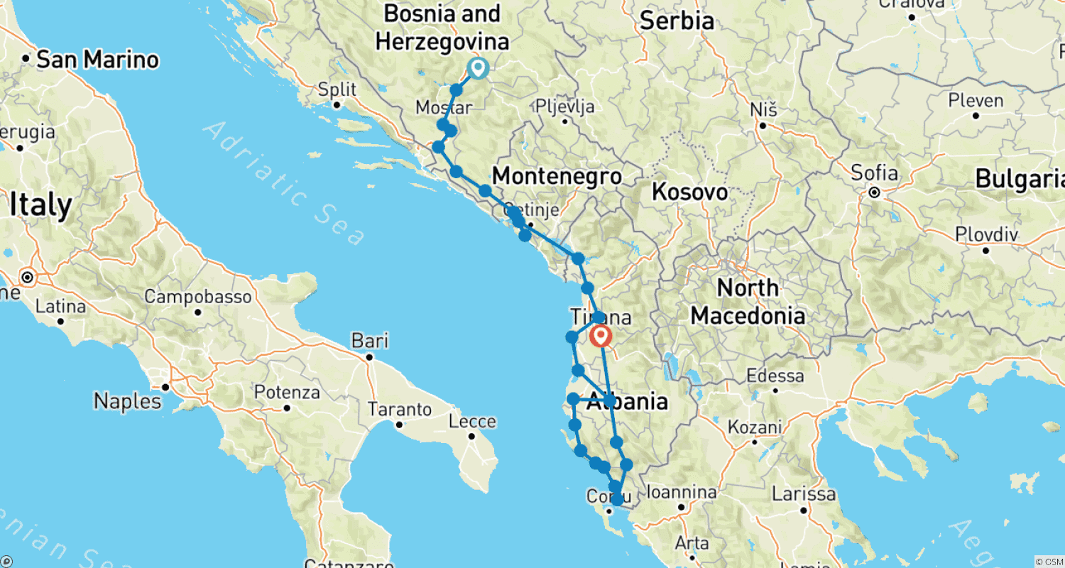 Mapa do percurso de Excursão de 15 dias para todas as estações explorando Bósnia + Montenegro + Albânia a partir de Sarajevo. Descubra os Balcãs fora do caminho comum.