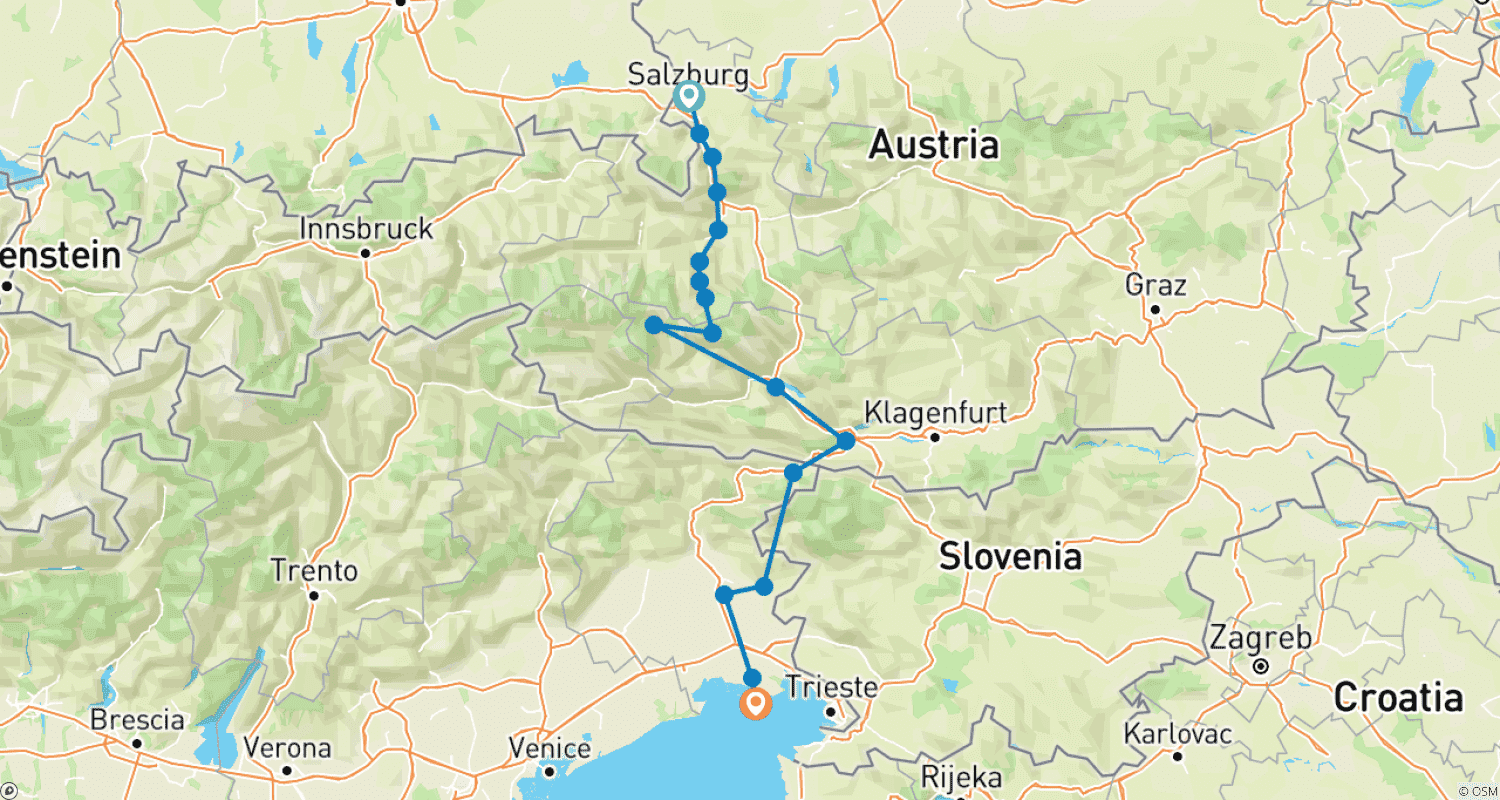 Mapa trasy: Szlak rowerowy Alpe Adria, Salzburg – Triest