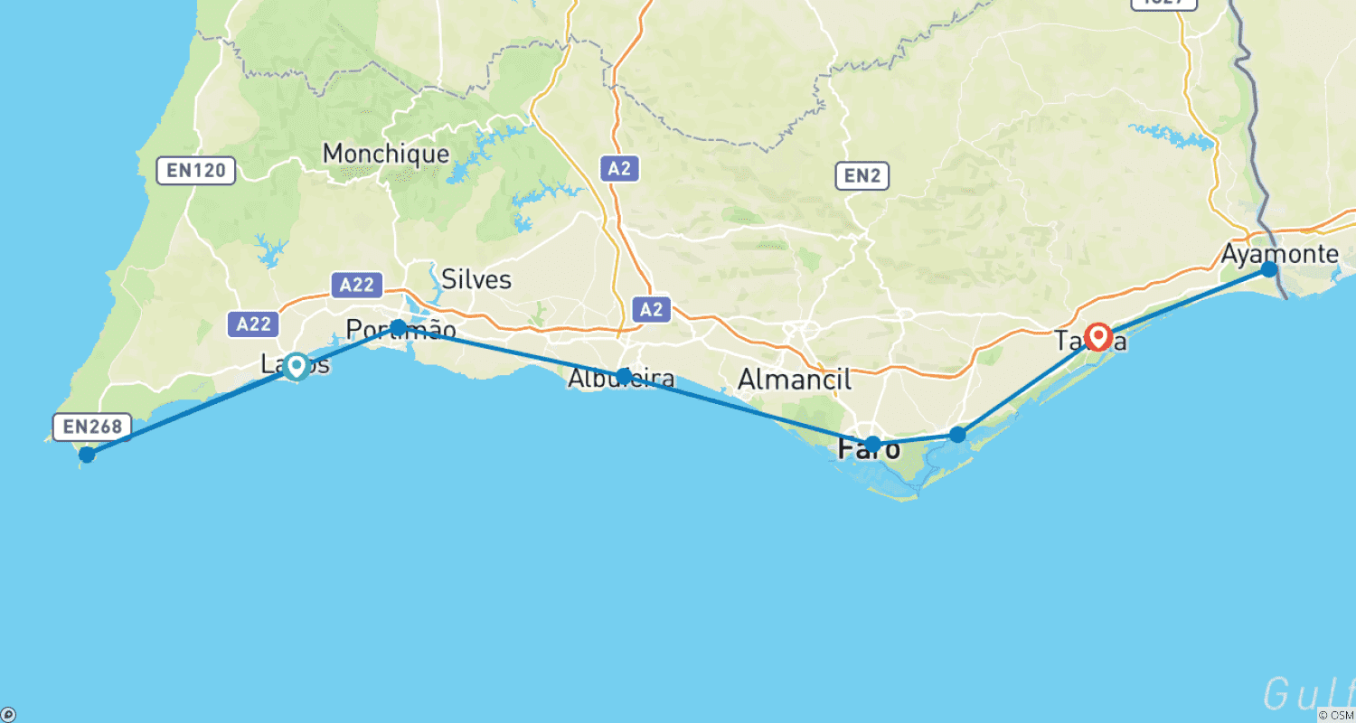 Mapa do percurso de Algarve com Charme Ao Longo da Costa de Lagos a Tavira
