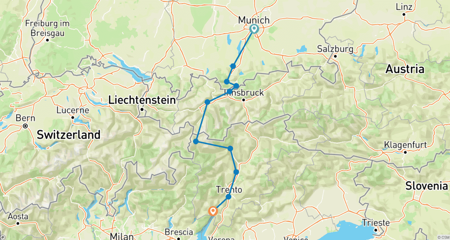 Mapa trasy: Monachium – Jezioro Garda z urokiem