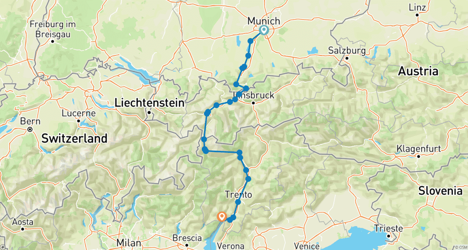 Mapa trasy: Monachium – Jezioro Garda sportowo