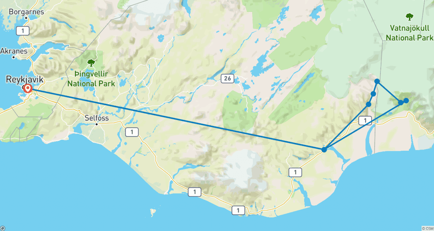 Mapa trasy: 5-dniowy trekking po dzikiej przyrodzie Vatnajökull