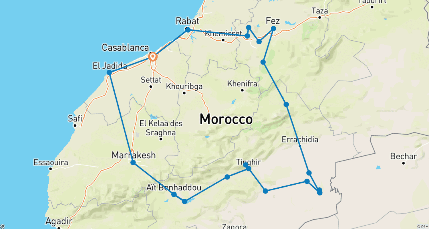 Mapa trasy: 🌟 Casablanca Podróż Dookoła: Luksusowa Ucieczka na Saharę – 13 Dni