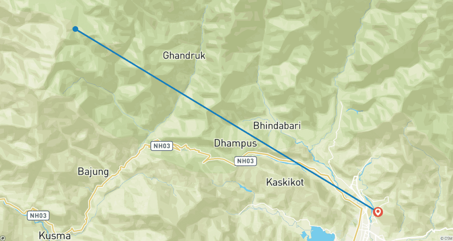 Mapa do percurso de Trek de Três Dias Ghorepani Poonhill a partir de Pokhara
