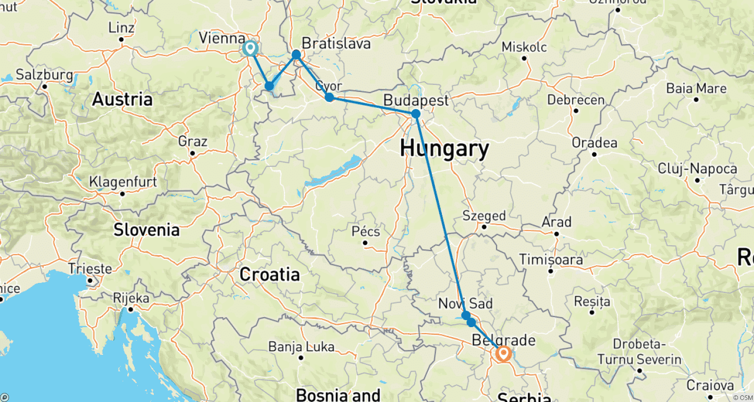 Mapa do percurso de De Viena a Belgrado; Tour Semiprivado com Líder de Tour Dedicado e Carro