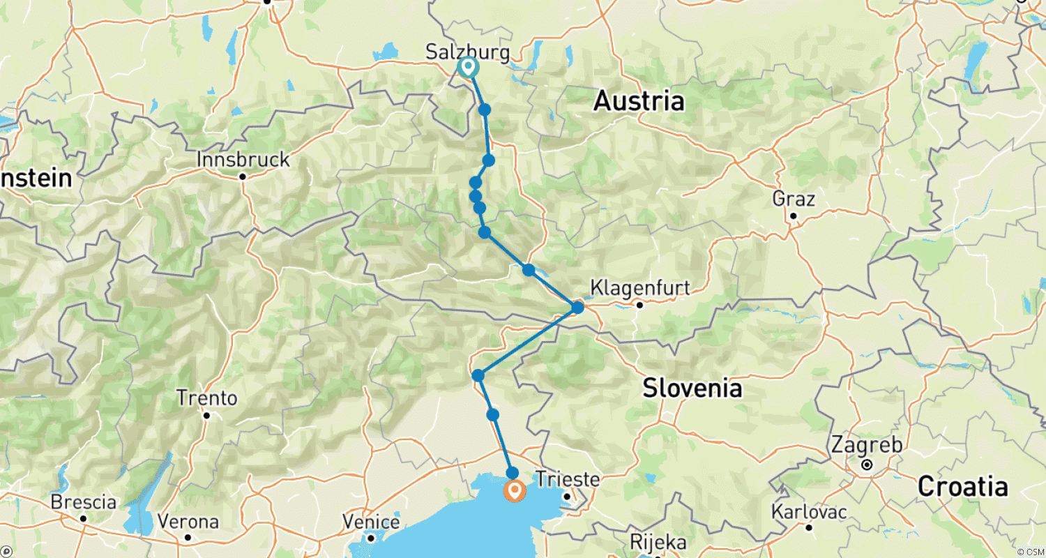 Mapa do percurso de Ciclovia Alpe Adria esportiva, Salzburgo – Grado