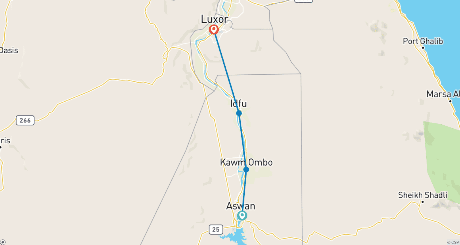 Mapa do percurso de Cruzeiro no Nilo de Assuã a Luxor 4 dias/3 noites