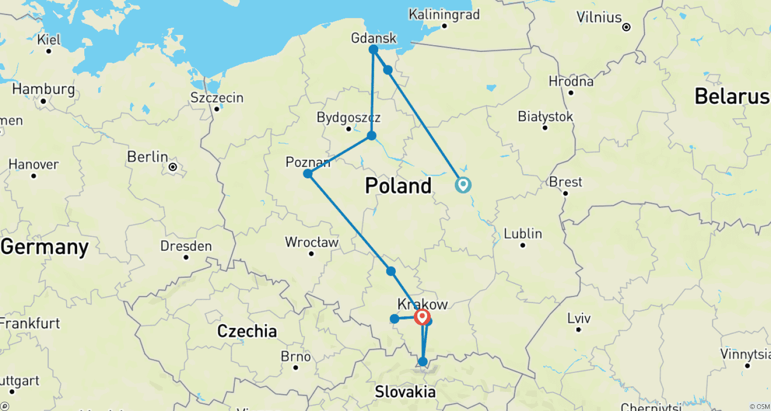Mapa trasy: Szyta na miarę 9-dniowa prywatna wycieczka po Polsce z 4-gwiazdkowym hotelem, codzienne wyjazdy