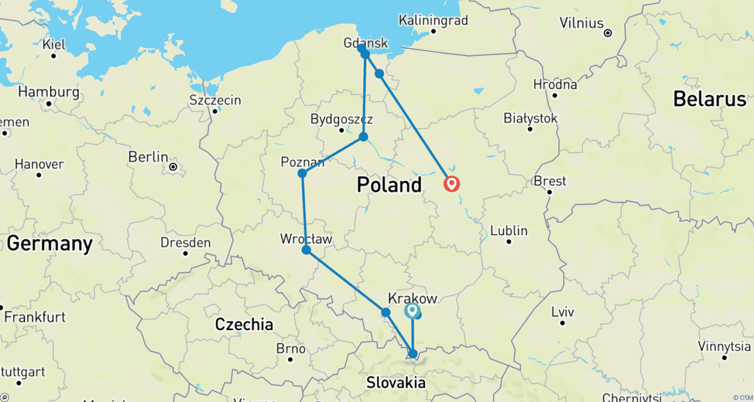 Mapa trasy: Spersonalizowana 12-dniowa klasyczna wycieczka po Polsce, codzienne wyjazdy i prywatny przewodnik z samochodem