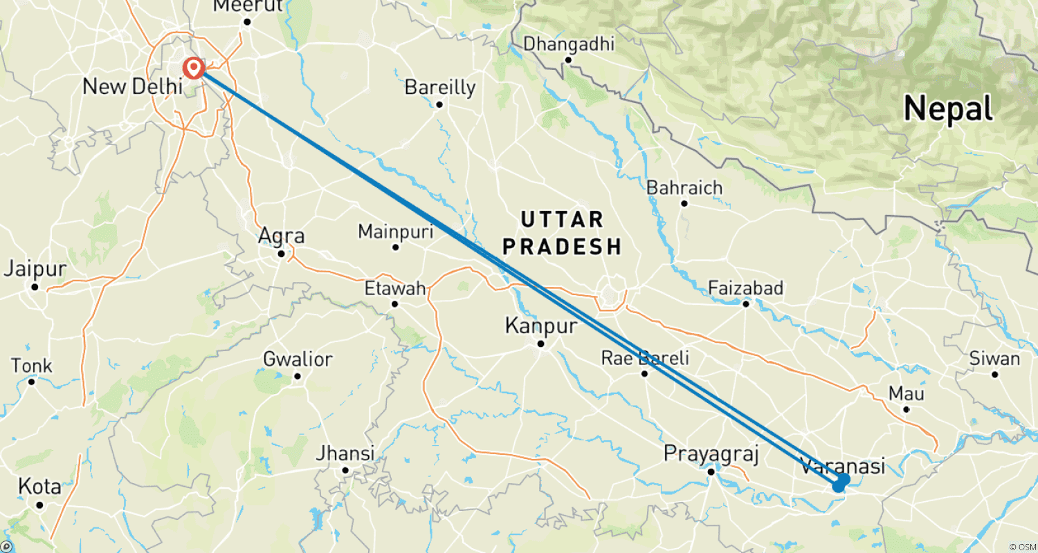 خريطة مسار Varanasi Tour Package from New Delhi by Train
