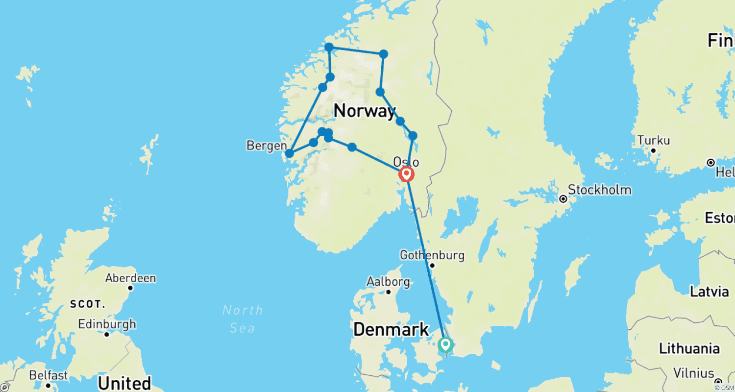 Mapa do percurso de Copenhaga e Fiordes Noruegueses, Charme e Tradições