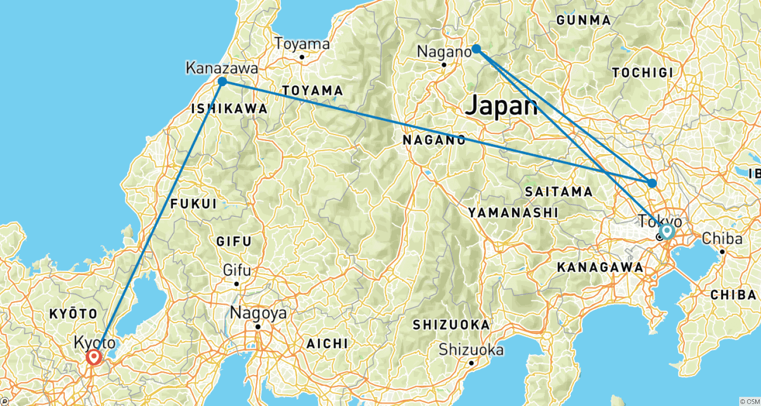 日本のプレミアムハイライトのルートマップ