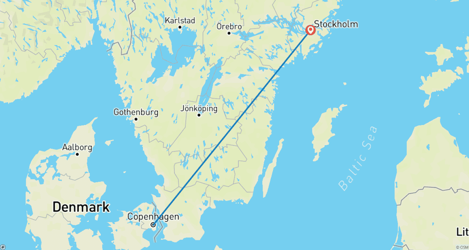 Mapa trasy: Kopenhaga - Sztokholm koleją