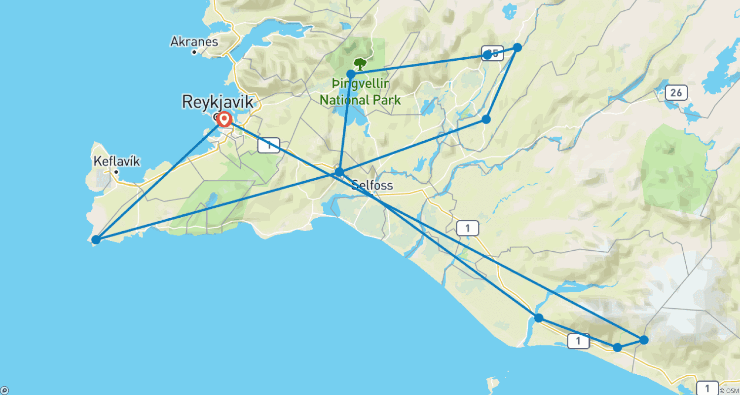 Iceland's Classic Northern Lightsのルートマップ