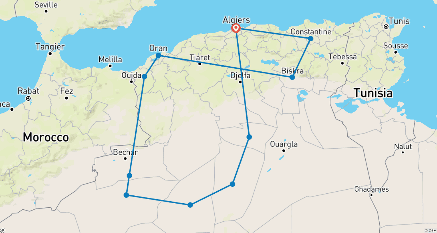 Mapa do percurso de A Excursão de 20 Dias Pela Argélia
