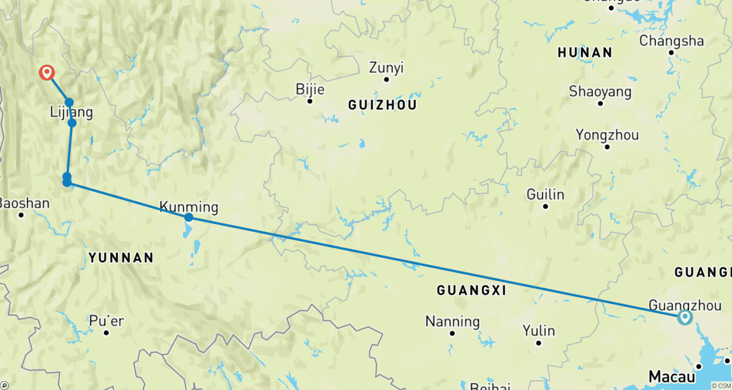 Mapa do percurso de De Guangzhou à Província de Yunnan em 12 Dias