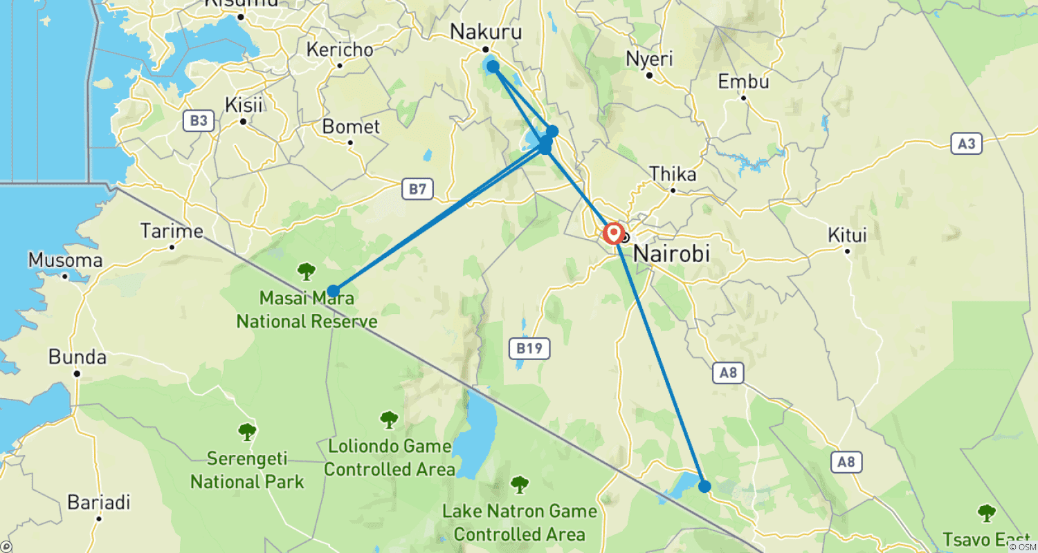 Mapa do percurso de Safari Clássico de 10 Dias no Quênia