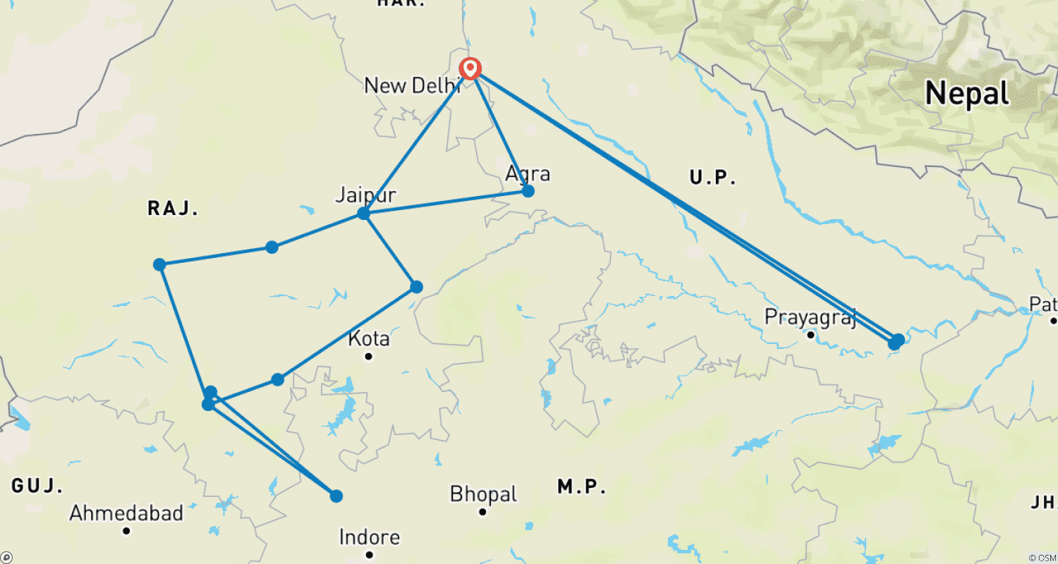Mapa do percurso de Excursão ao Rajastão com Agra e Varanasi