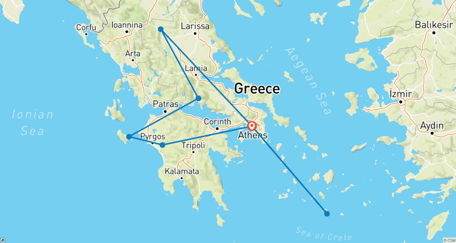 Mapa trasy: Spersonalizowana 12-dniowa rodzinna wycieczka po Grecji (Hotele 4-gwiazdkowe), z codziennymi wyjazdami i prywatnym przewodnikiem