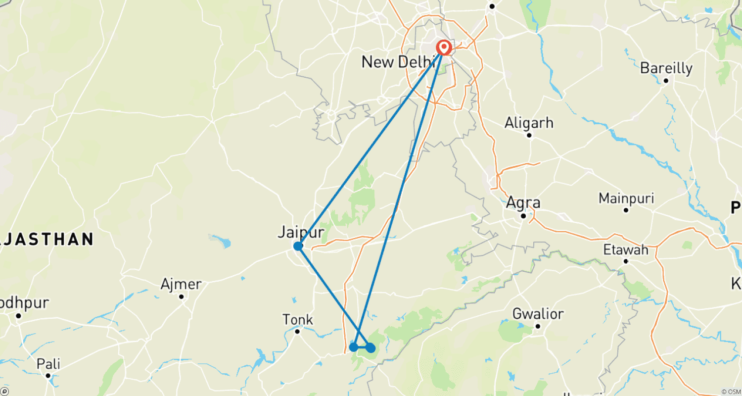 Mapa do percurso de Viagem de Trem por Deli, Jaipur e Ranthambore