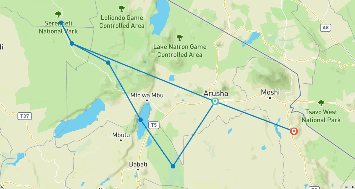 Mapa do percurso de Safari de 10 Dias da Grande Migração dos Gnus no Serengeti.