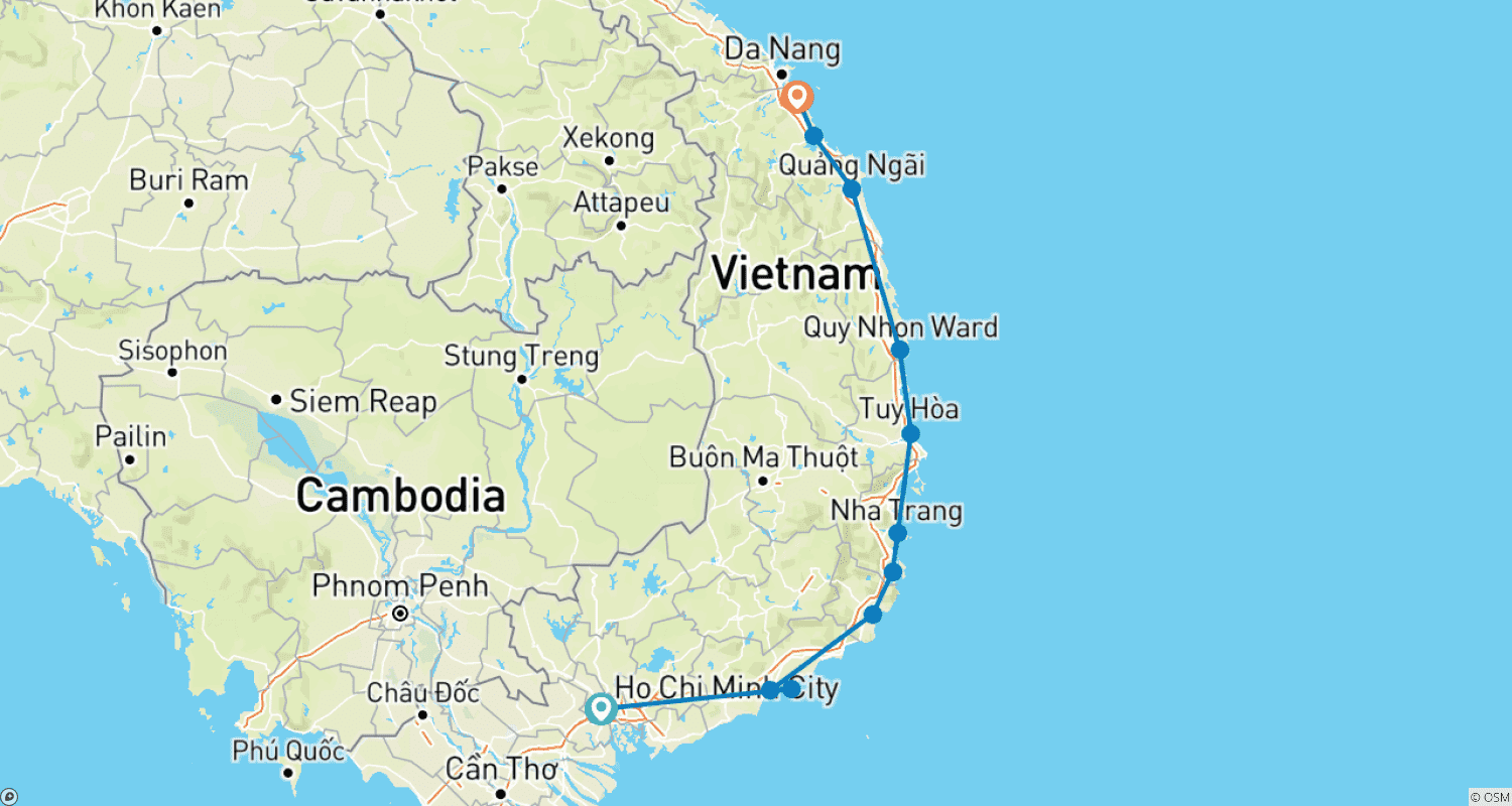 Mapa do percurso de Ciclismo no Vietnã: A Mais Bela Costa do Vietnã em 6 Dias
