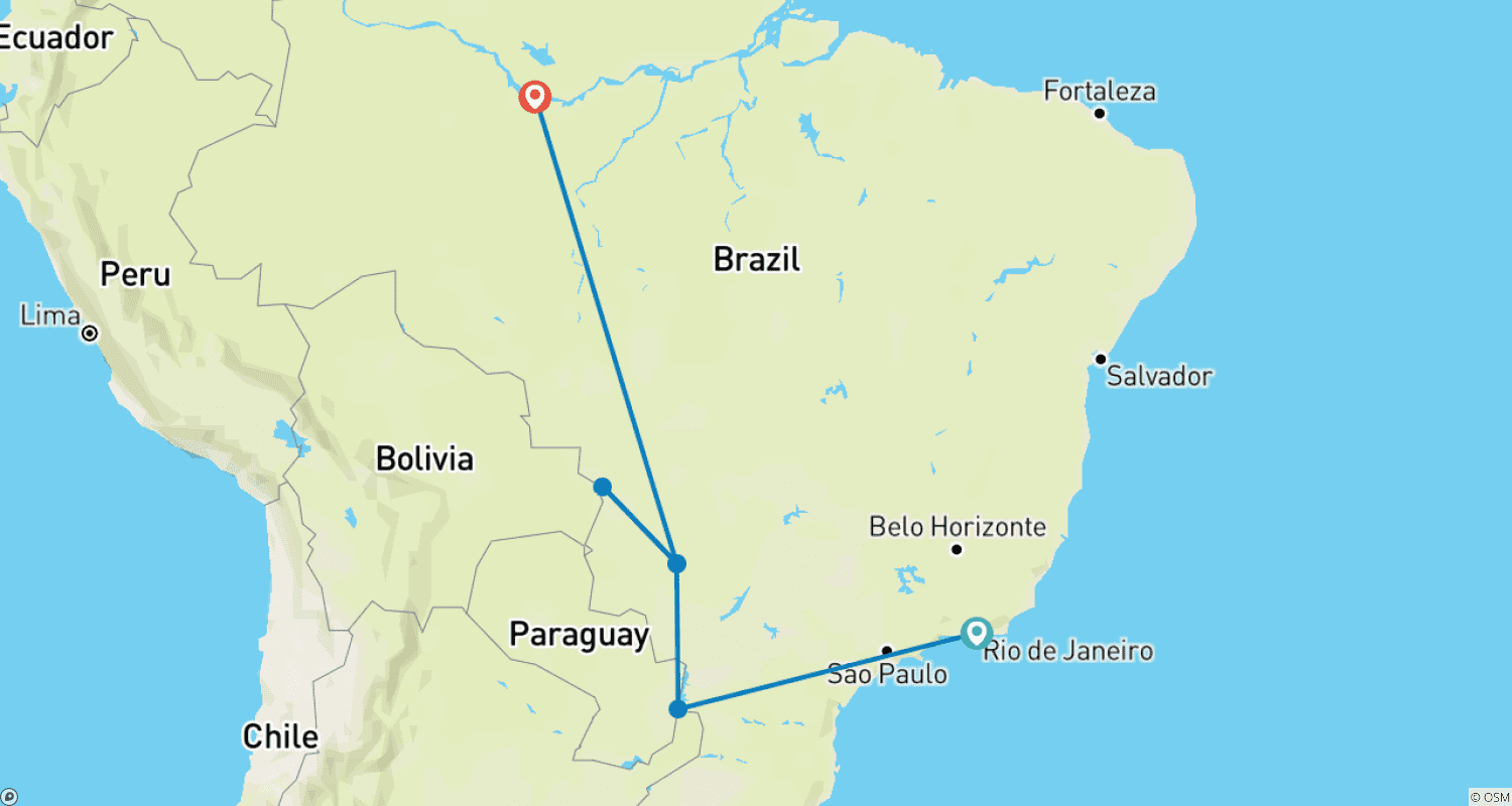 Mapa do percurso de Excursão Privada Personalizada de 12 Dias em Família pelo Brasil, Partida Diária e Guia Privado
